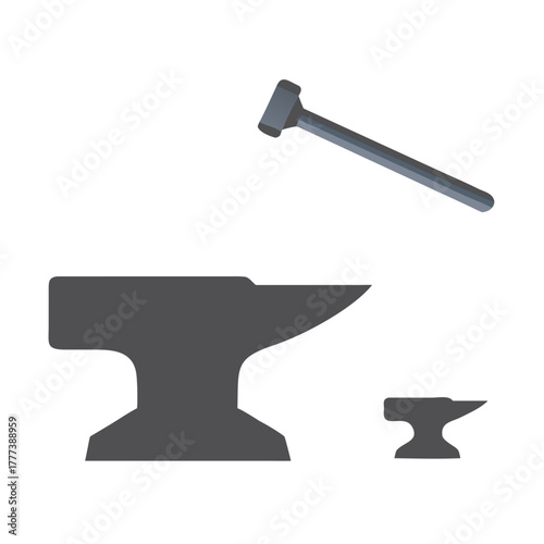 Blacksmith Anvil and Hammer Flat Vector Icons. Forging Tool and Equipment Graphic.