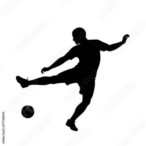 Soccer Player Kicking Ball Black Silhouette Icon. Football Action Vector Graphic.