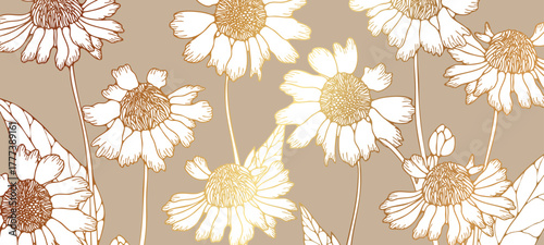 Golden daisies vector luxury floral design wallpapers, covers, greeting cards. Floral art for wall decoration
