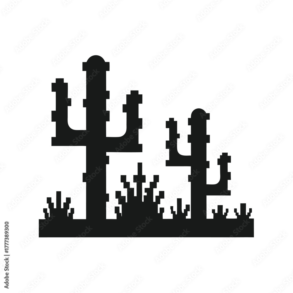 Obraz premium Pixelated Cactus Silhouette Vector, Desert Plants, Western Landscape, White Background