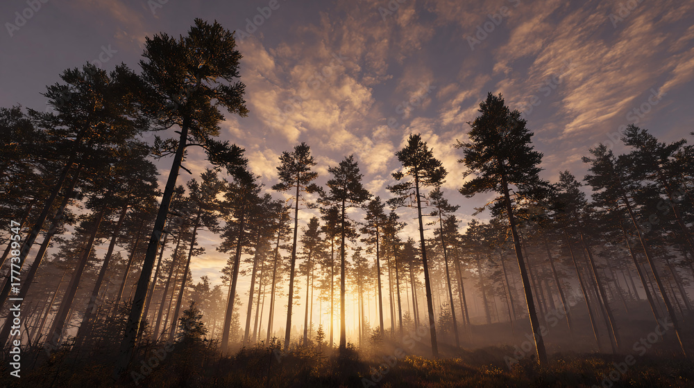 Fototapeta premium The sun's golden rays filter through a misty forest, creating a breathtaking landscape