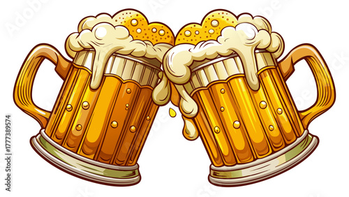 Very beautiful hand-drawn sketch illustration of two beer mugs clinking together with frothy foam spilling over, detailed vintage engraving style vector artwork.