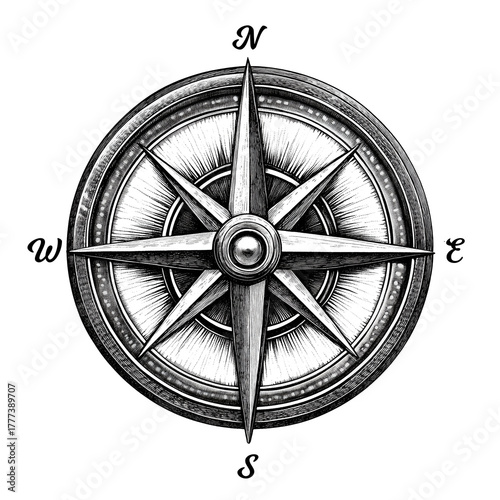 Antique Navigation Compass Engraved Style Artwork, Generative AI