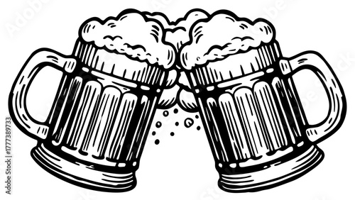 Very beautiful hand-drawn sketch illustration of two beer mugs clinking together with frothy foam spilling over, detailed vintage engraving style vector artwork.