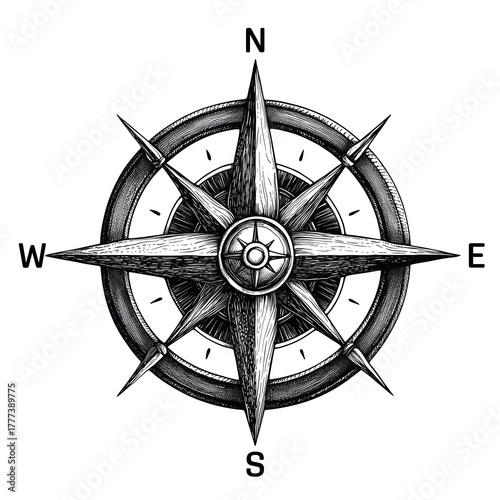Vintage Compass Rose Engraving Illustration, Generative AI