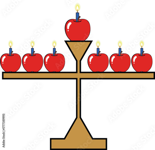 Hanukkah menorah with seven red apples and lit candles
