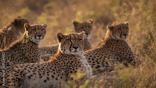 Grasses rustling spurring lead cheetah pivoting head upward and scanning grassland at sunset