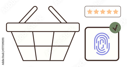 Shopping basket with biometric fingerprint verification, five-star customer ratings, and a green checkmark. Ideal for online shopping, security, customer feedback, trust, e-commerce, consumer