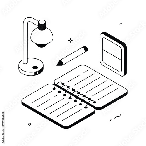 Isometric illustration of a lamp, notebook, and pencil for homework time