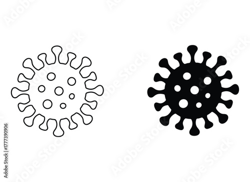 Graphic representation of virus cells in black and white offers visual clarity for medical, scientific, or educational resources, showcasing the structure and impact of viral infections
