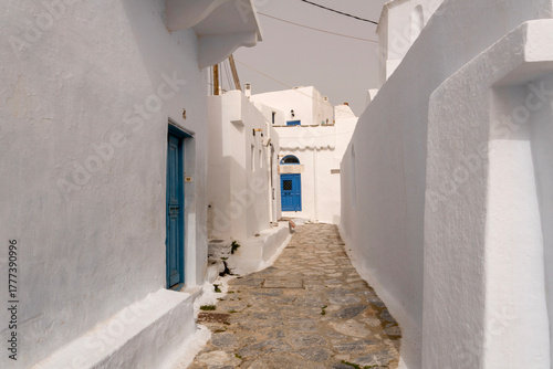 Fototapeta Naklejka Na Ścianę i Meble -  The street with a typical architecture of Greek style whitewashed houses in Chora village, Amorgos island, Cyclades, Greece