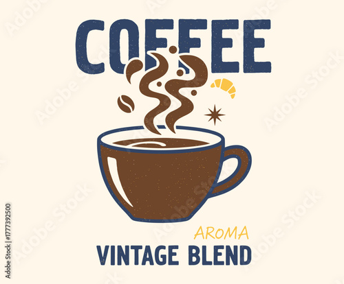 Vintage Coffee Blend Label. Retro Steaming Cup Graphic. Distressed Coffee Shop Badge. Hand-drawn Morning Aroma. Espresso Time Typography Art