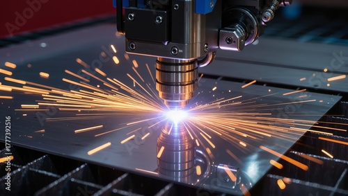 Close-up of CNC plasma cutting metal sheet with bright sparks and glowing arc. Perfect for illustrating metal fabrication, automation, and industrial technology