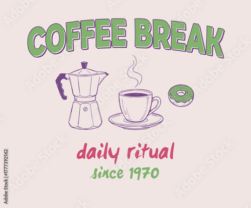 Coffee Break Daily Ritual. Hand Drawn Coffee Set Poster. Moka Pot and Donut Sketch. Vintage Cafe Vector Art. Morning Beverage Doodle