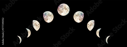 Moon Phases Watercolor Background. Night Sky with Moon Background. Vector Illustration