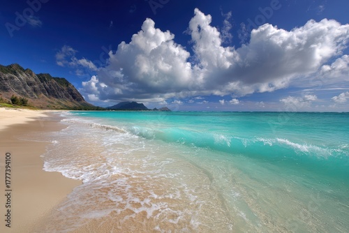 Hawaii Waimanalo Beach. Blue Waters and Colorful Coastline on a Sunny Day