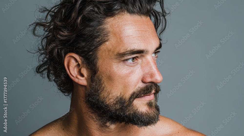 Obraz premium Headshot Backdrop. Man's Portrait with Skincare Routine on Gray Studio Background