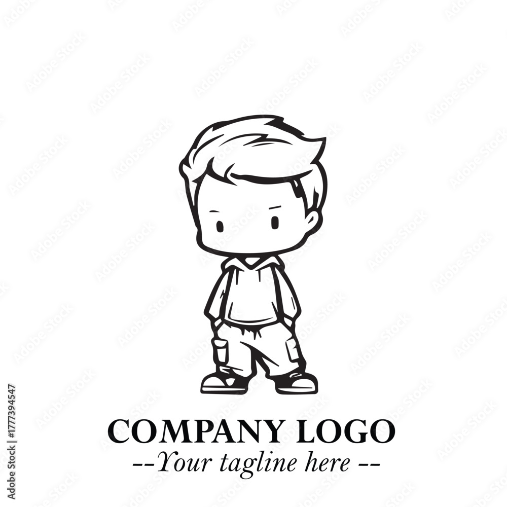 Fototapeta premium Black and White Chibi Boy Illustration with Jacket and Boots in Bold Thick Line Art Minimal Style 