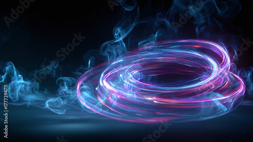 Abstract swirling neon lights creating a mesmerizing effect with smoky ambiance