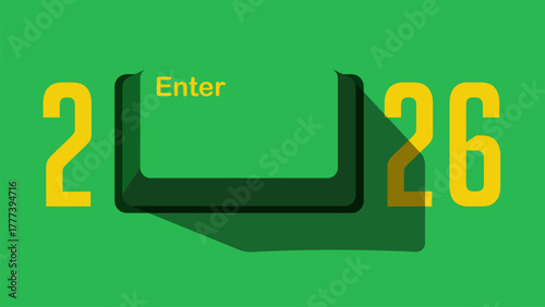Minimal green background concept showing the Enter key with 2026 text, symbolizing new beginnings, growth, innovation, and a positive mindset for the new year. 