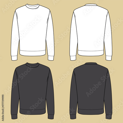 Crew neck sweatshirt sweater template, black and white for men and women. CAD mock-up set templates for unisex apparel, front and back view. Technical fashion illustration. 