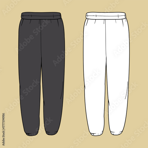 Sweatpants template, black and white joggers pants for sports, for men and women training. CAD mock-up set templates for unisex apparel. Technical fashion illustration. 