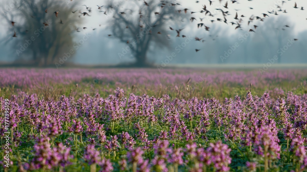 Naklejka premium Henbit In Grass. Spring Landscape with Blooming Wildflowers in Green Field