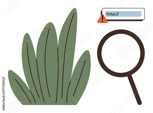 Magnifying glass examining hidden dangers symbolized by grass and online URL with warning alert. Ideal for cybersecurity, online safety, threat detection, caution, investigation, hidden risks