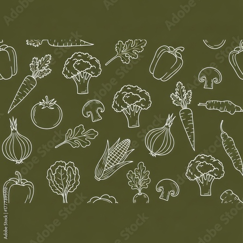 Vegetable doodles, white outlines, brown background, seamless food pattern