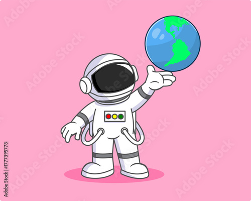 Cute Astronaut With Earth Planet On His Hand Vector Illustration Cartoon Design