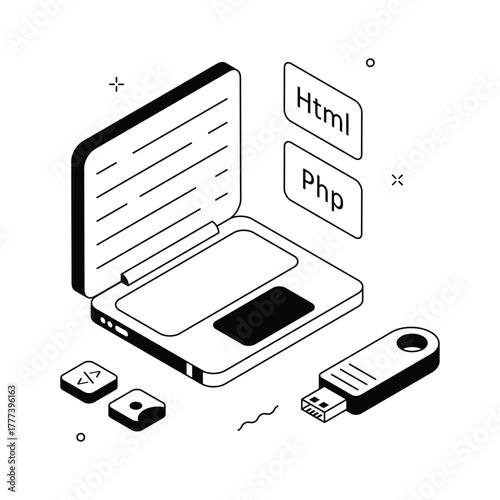 Modern isometric illustration of laptop and USB showing programming education