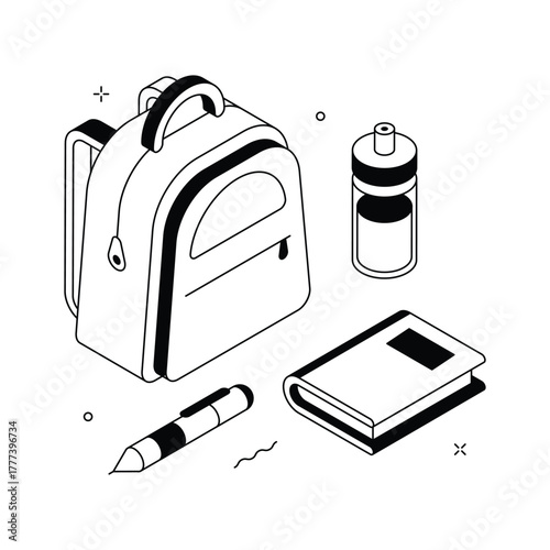 Isometric illustration of backpack, notebook, and stationery symbolizing student essentials