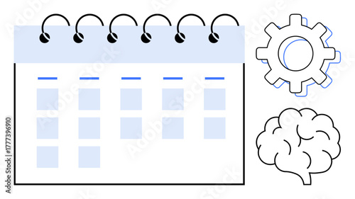 Calendar with spiral binding alongside gear and brain graphics. Ideal for planning, strategy, productivity, time management, organization, technology, innovation. Minimalist simple flat metaphor