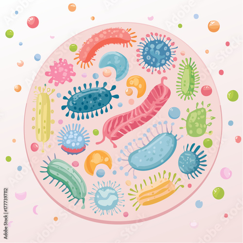 Vector Illustration of Colorful and Diverse Intestinal Bacteria in Human Gut. Concept of Gut Flora and Microbiome.