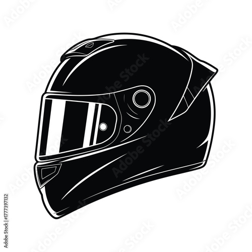 Black motorcycle helmet with reflective visor and detailed sketch lines