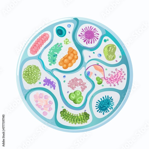Vector Illustration of Colorful and Diverse Intestinal Bacteria in Human Gut. Concept of Gut Flora and Microbiome.