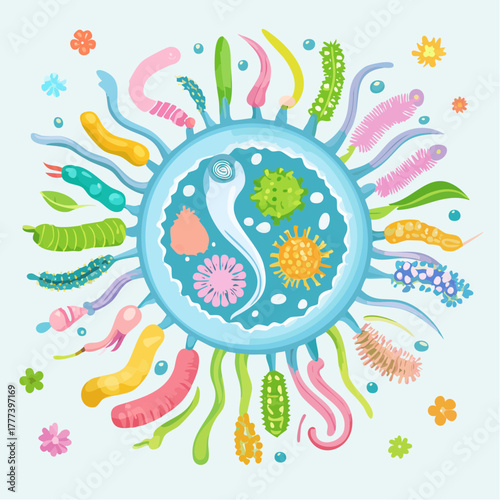 Vector Illustration of Colorful and Diverse Intestinal Bacteria in Human Gut. Concept of Gut Flora and Microbiome.