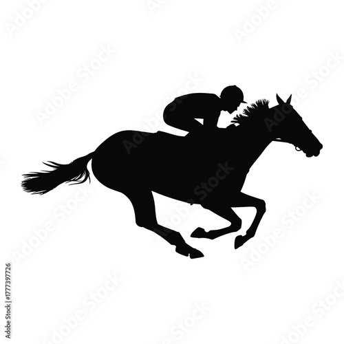 Silhouette of a jockey riding a galloping horse in a race