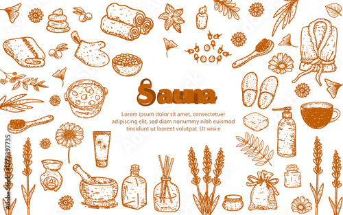 Sauna and spa bathing hand drawn doodle natural accessories aesthetic