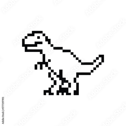 Pixelated Dinosaur Standing on White Background, Retro Black and White