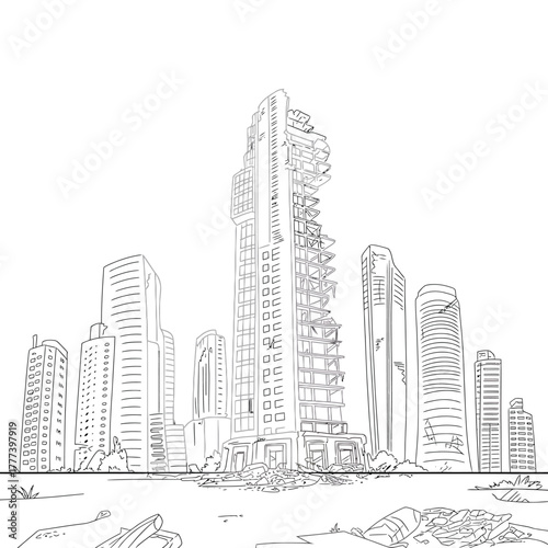 Sketch of modern skyscrapers in a city skyline