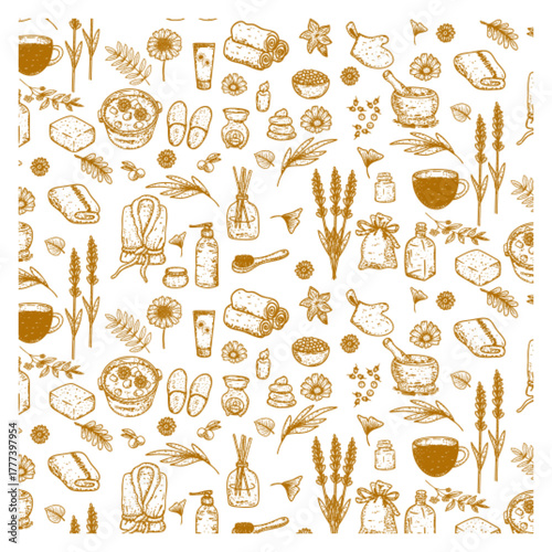 Sauna and spa bathing outline hand drawn doodle natural accessories aesthetic seamlles pattern