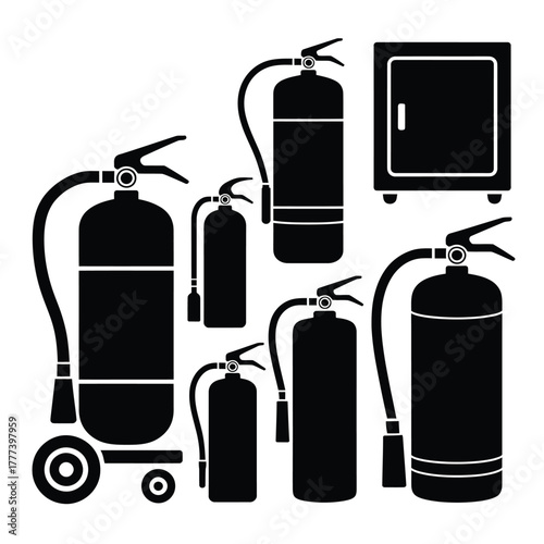 Collection of black silhouettes of fire extinguishers and cabinet