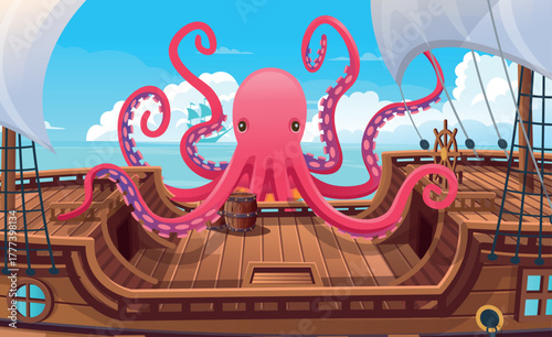 Empty deck on a ship with a large octopus