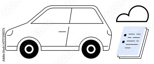 Compact car next to cloud and documents illustrating digital auto services, online paperwork, and vehicle data storage. Ideal for car rental, e-mobility, smart transportation, technology
