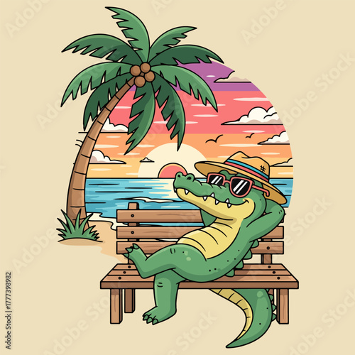Summer vacation illustration of a cartoon crocodile relaxing on a beach bench