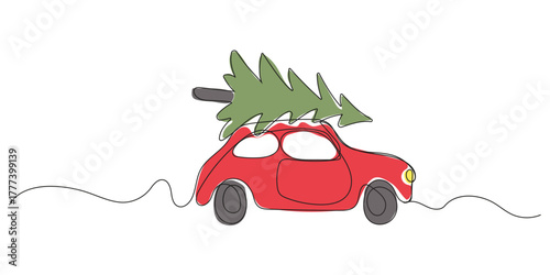 Continuous line drawing of a retro car carrying a Christmas tree. Christmas illustration in line style.