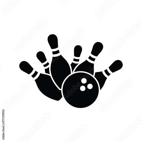 Bowling pins and ball strike silhouette icon