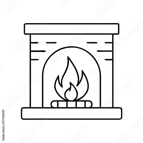 Fireplace icon with flames, line art, cozy home heating symbol