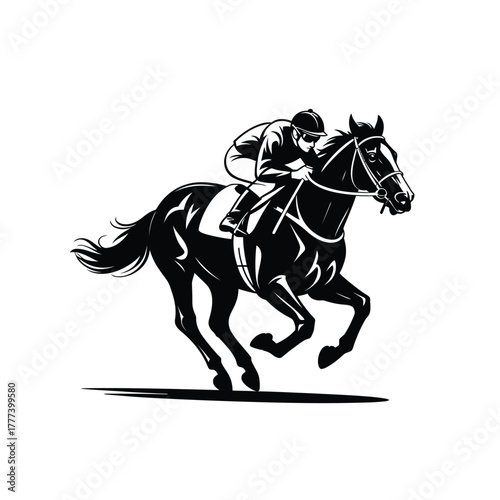 Jockey and horse racing silhouette on white background